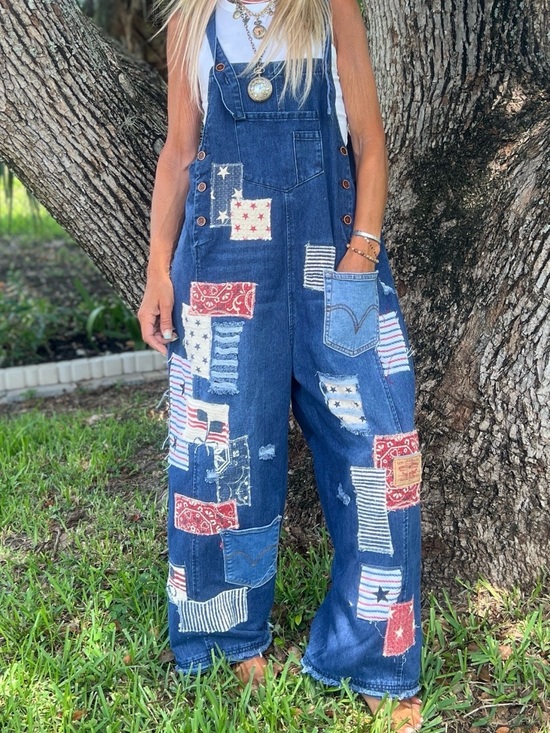 Denim - REWORKED Denim Overalls - Blue with Red & White Accents